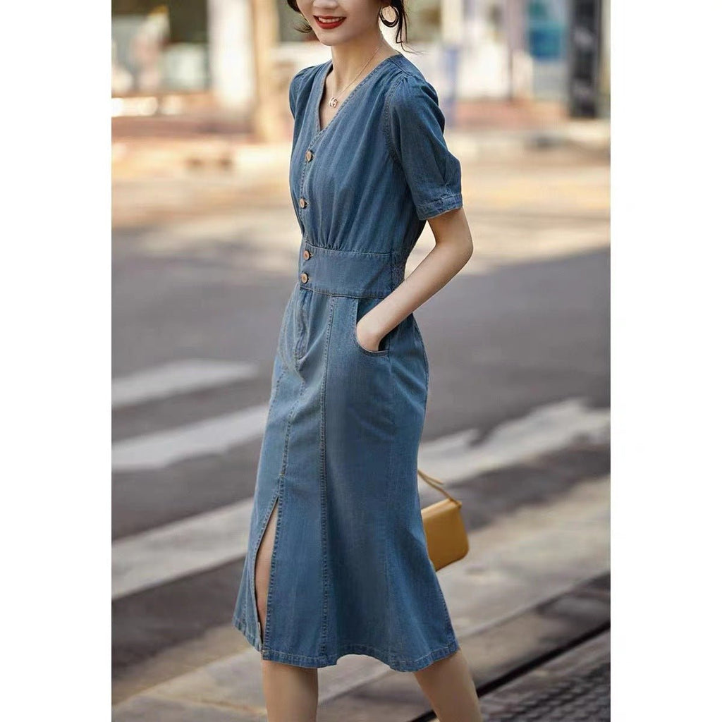 French Retro Design Waltz Mermaid Tail Waist Slim V-Neck Denim Dress –  Hstrends