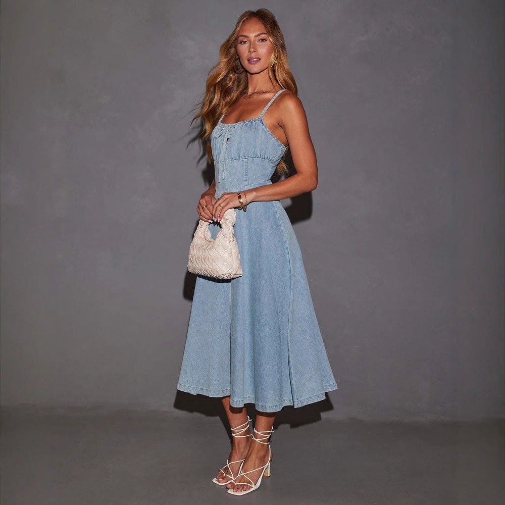 Hollow Strap Slim Waist Denim midi Dress – Hstrends