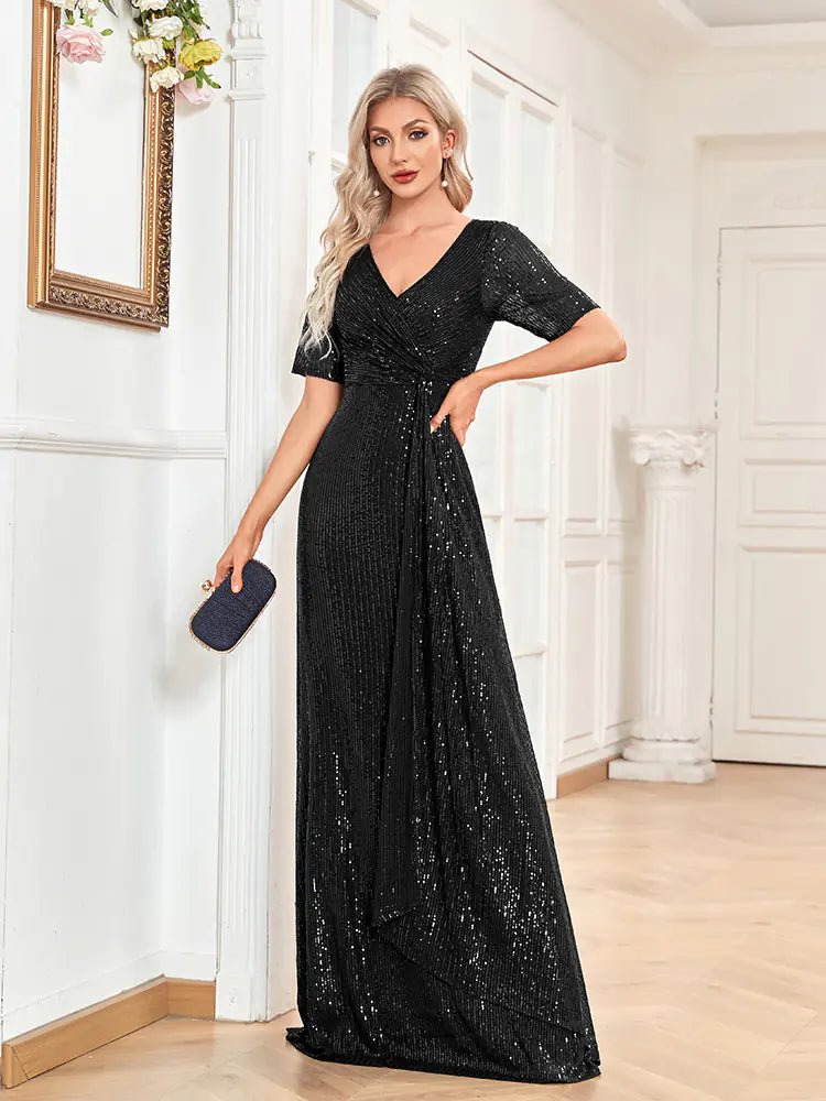 fishtail mini dress V-neck Sequin Slim Fishtail Short Sleeve Dress