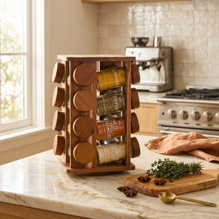 Acacia Wood Revolving Spice Rack with 16 Jars | Puro