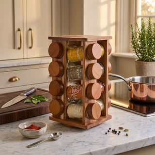Acacia Wood Revolving Spice Rack with 16 Jars | Puro