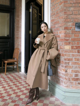 Homy's Long Cashmere camel Color Scarf Style Double-Sided Wool Coat