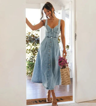 Women's Denim Buckle Midi Dress