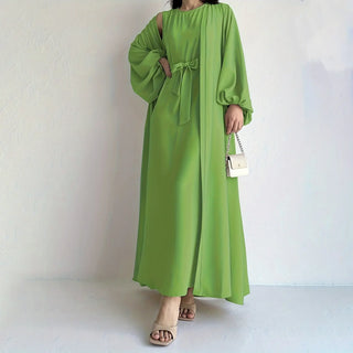 Elegant Solid Two-piece Set long modest Dress