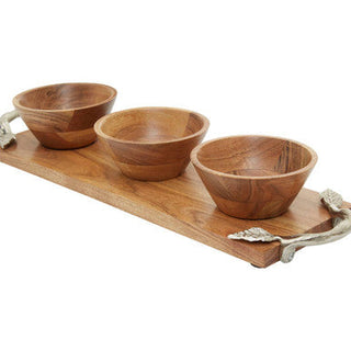 Vine Acacia Wood Set Of 3 Dip Bowls With Tray