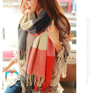 Women Imitation Cashmere Plaid Scarf  with Tassel Shawl look