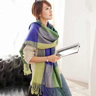 Women Imitation Cashmere Plaid Scarf  with Tassel Shawl look