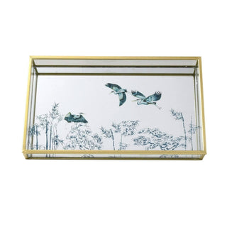 Mirrored Glass Tray in Gold with Oriental Heron Design