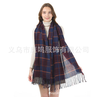 Women Imitation Cashmere Plaid Scarf  with Tassel Shawl look