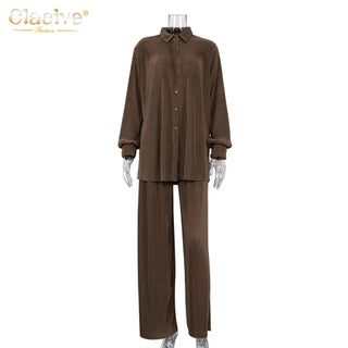 Women Two Piece loose fit Pleated shirt and trouser Set