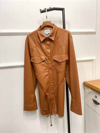 Nordic Style NANUSHK@belt Plain Leather Jacket Women&#039;s Jacket Lapel Motorcycle Imitation Leather Leather Jacket 2022 Spring And Summer