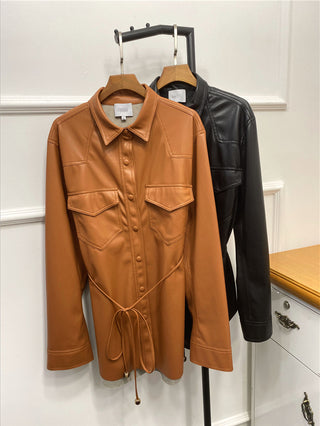 Nordic Style NANUSHK@belt Plain Leather Jacket Women&#039;s Jacket Lapel Motorcycle Imitation Leather Leather Jacket 2022 Spring And Summer