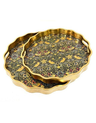 Waved Set Of 2 Brushed Gold Strawberry Thief Serving Trays