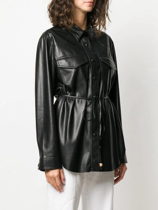 Nordic Style NANUSHK@belt Plain Leather Jacket Women&#039;s Jacket Lapel Motorcycle Imitation Leather Leather Jacket 2022 Spring And Summer