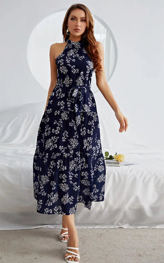 Halter Neck Midi Layer Dress in Nave & White Flora Print - Premium women dresses from FS Collections - Just £19! Shop now at hstrends