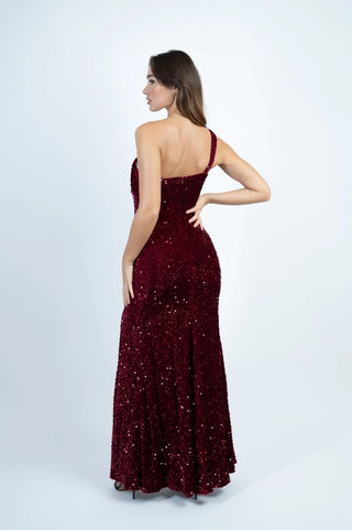 Jupe et talon aiguille - Robe longue asymétrique en velours bordeaux à sequins et fente