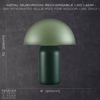 Green mushroom-shaped rechargeable LED lamp with dimensions on a dark gray background