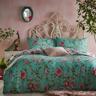 Vintage Chinoiserie Floral Exotic reversible Duvet Cover Set Jade