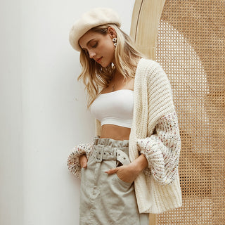 Fashionable Cardigan Sweater with Lantern Sleeves