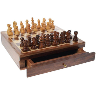 Small wooden chess set with pullout drawer 16x16x3.5cm