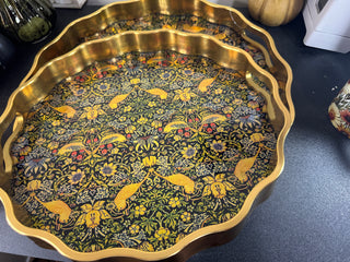Waved Set Of 2 Brushed Gold Strawberry Thief Serving Trays