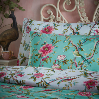 Vintage Chinoiserie Floral Exotic reversible Duvet Cover Set Jade