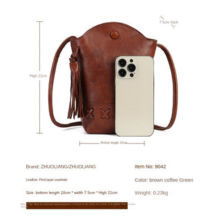 Genuine Leather Retro First-Layer Cowhide Woven Mobile Phone Bag Mini Crossbody Shoulder Casual Tassel Bucket Bag