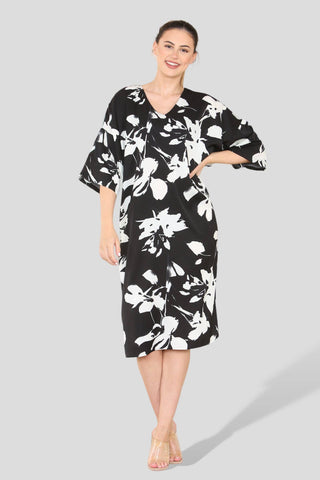 Mono Floral Print Oversized Shift Midi Dress One size Uk 8-16