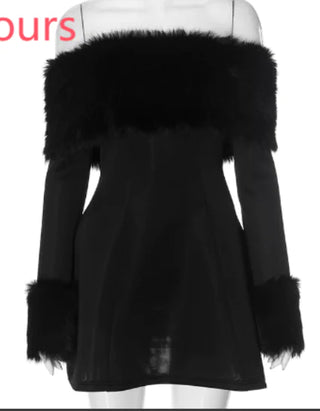 Chic Fluffy Fur Collar Patchwork Black Mini Dress