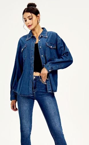 Coloured Crystal and Pearl Cotton Denim Shirt