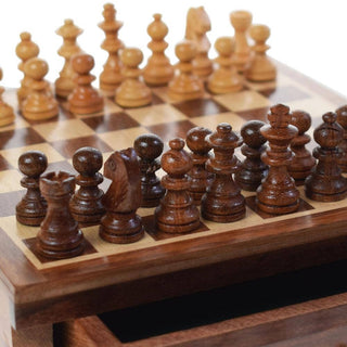 Small wooden chess set with pullout drawer 16x16x3.5cm