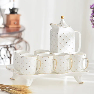 8pcs Ceramic Coffee Cup Saucer Set Colored Glaze Luxury Gold Rim Porcelain Teapot Cup Ceramic Coffee Pot Tea Cup Set With Tray - Hstrends