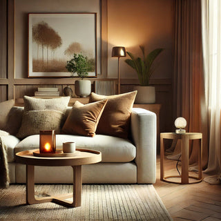 Cozy living room with a beige sofa, wooden coffee table, and decorative elements.