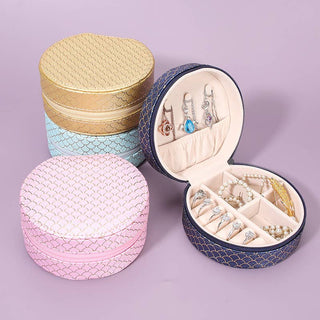 Petite boîte ronde de rangement de bijoux en bleu marine et rose