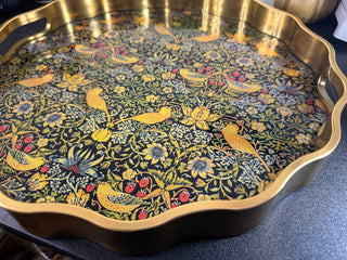 Waved Set Of 2 Brushed Gold Strawberry Thief Serving Trays