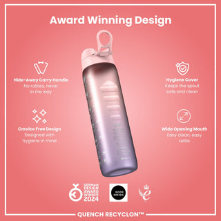 Leak Proof 1 Litre Water Bottle with Times to Drink, Recyclon, Purple & Rose, 1L