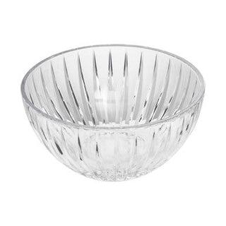 Clear glass bowl with ribbed design on a white background