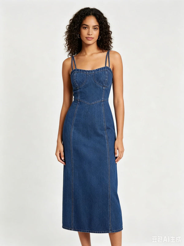 Blue Thin Washed Casual Denim Suspender Midi Dress