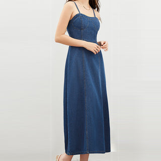 Blue Thin Washed Casual Denim Suspender Midi Dress