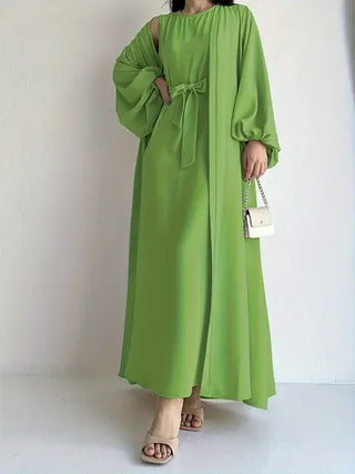 Elegant Solid Two-piece Set long modest Dress