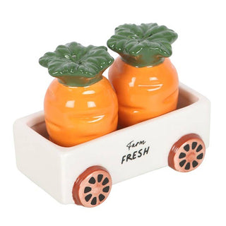 Pineapple-shaped salt and pepper shakers in a cart with 'Farm Fresh' text on a white background