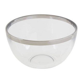 Clear glass bowl with silver rim on a white background