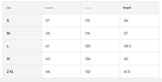 A size chart table showing sizes S through 2 XL with measurements in centimeters and inches, including a length column.