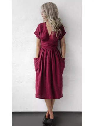 Cotton And Linen Casual Pocket Dress