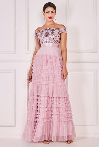 Goddiva Sequin Embroidered Scallop Bardot Tiered Ruffles Maxi Dress Blush