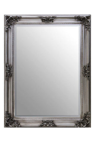Decorative silver mirror with intricate frame on a white background