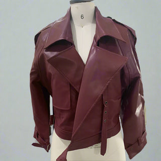 Loose Lapel Leather Cropped Jacket for Women