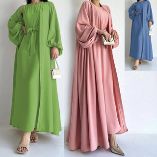 Elegant Solid Two-piece Set long modest Dress