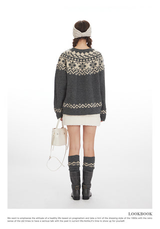 Fair Isle Retro Soft Waxy Round Neck pullover top Unisex
