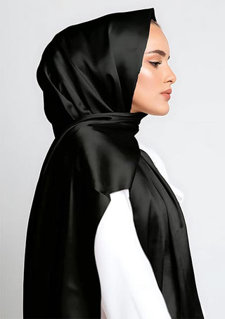 Grain satin hijab with reversible chiffon inner lining: Black